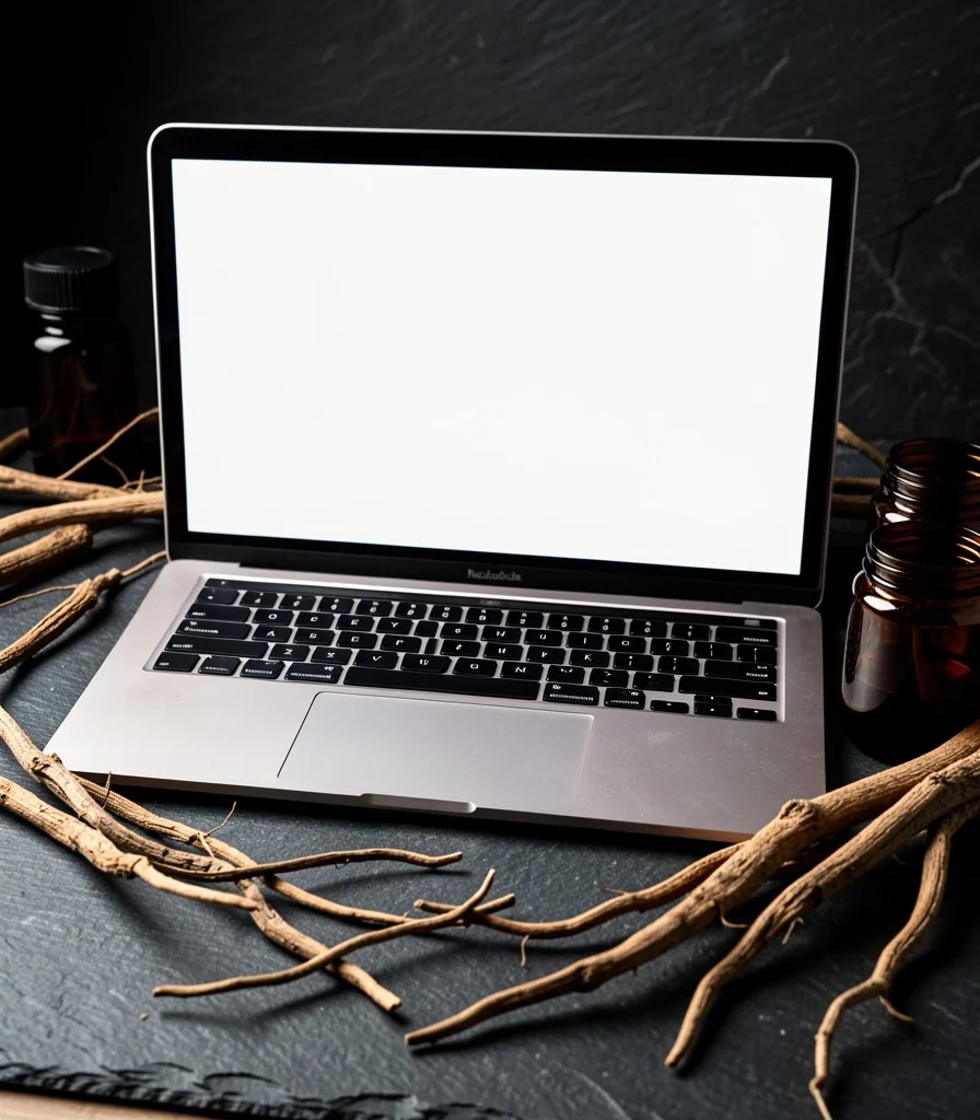 Laptop with apothecary bottles in a dim editorial setting