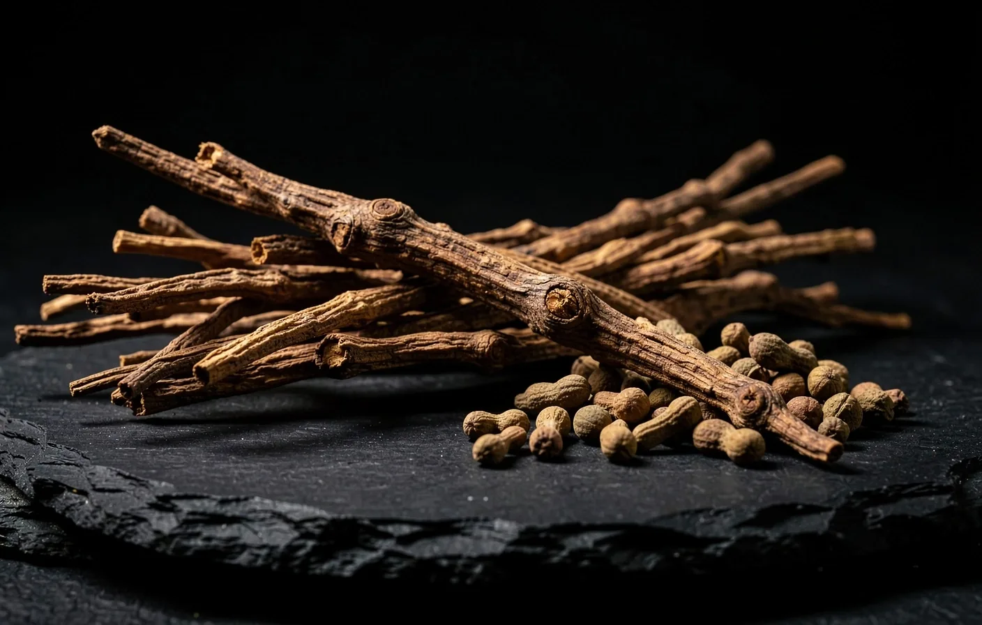 Macro view of dried botanical roots on dark slate surface