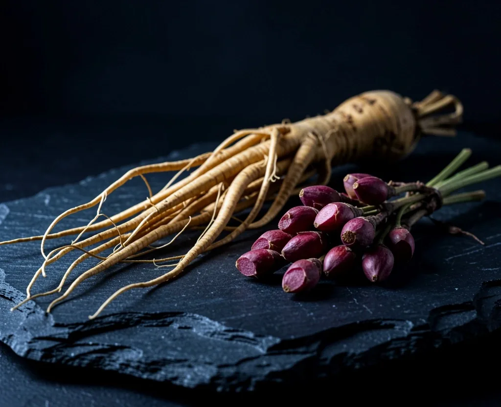 Dried ginseng and rhodiola roots on dark stone