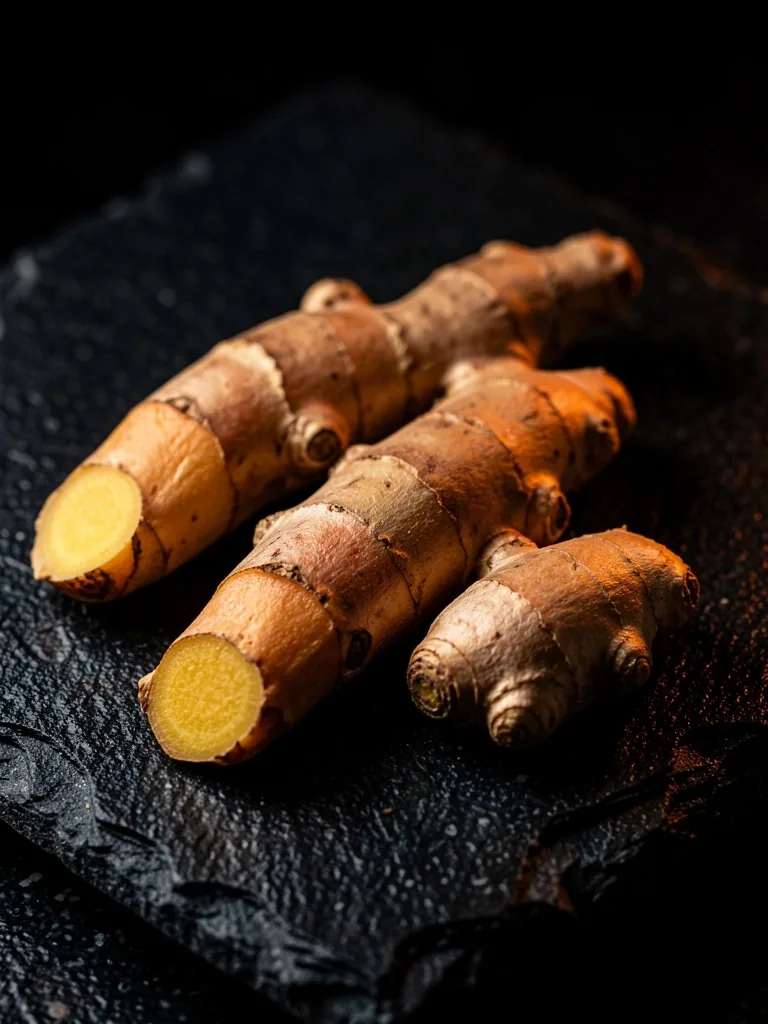 Fresh turmeric and ginger roots on dark stone