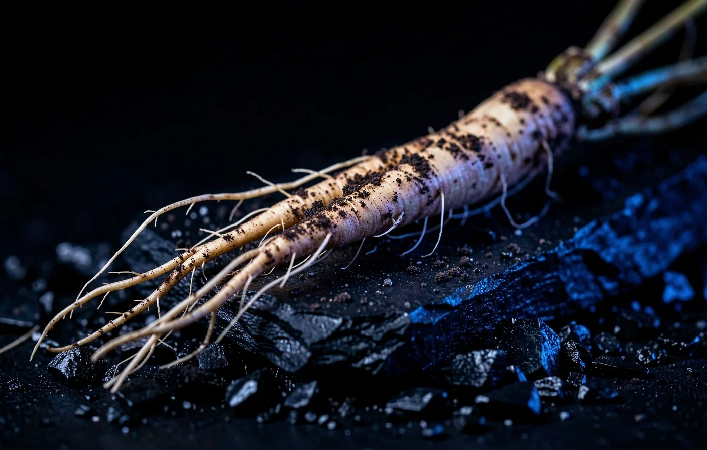 Macro photograph of ginseng root on dark stone