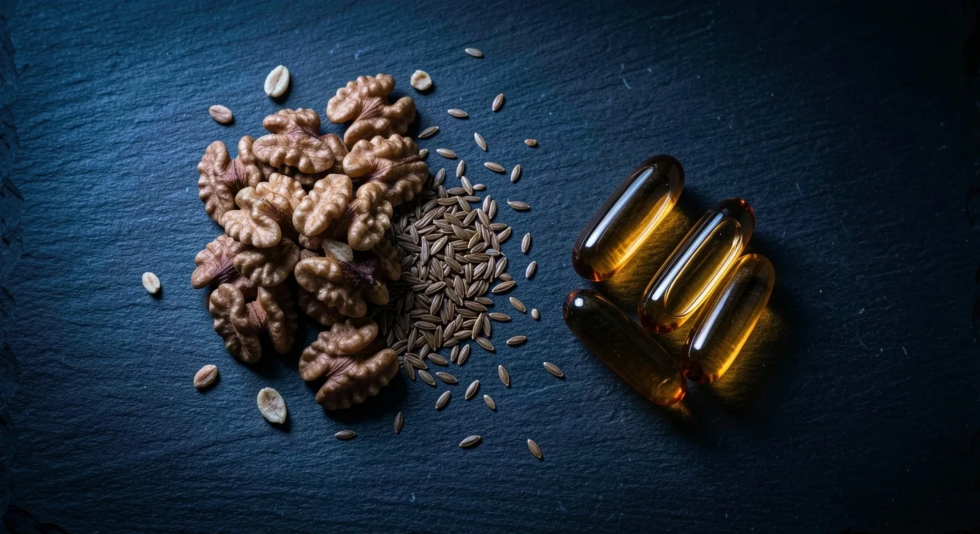 Omega-3 foods and capsules on dark slate