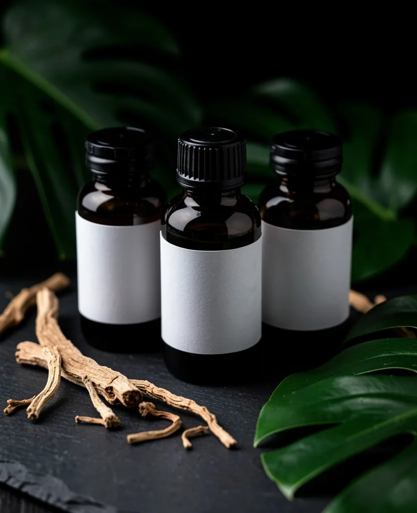 Botanical supplement bottles on a dark surface