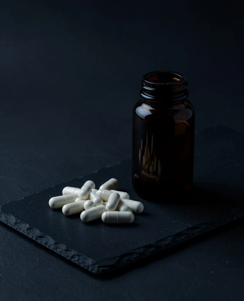 B-complex vitamin capsules with glass bottle