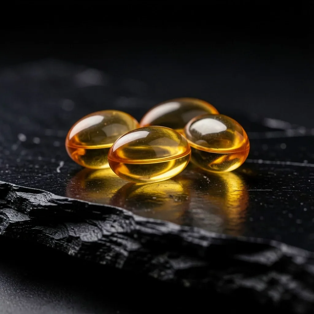 B-complex vitamin capsules on a dark surface