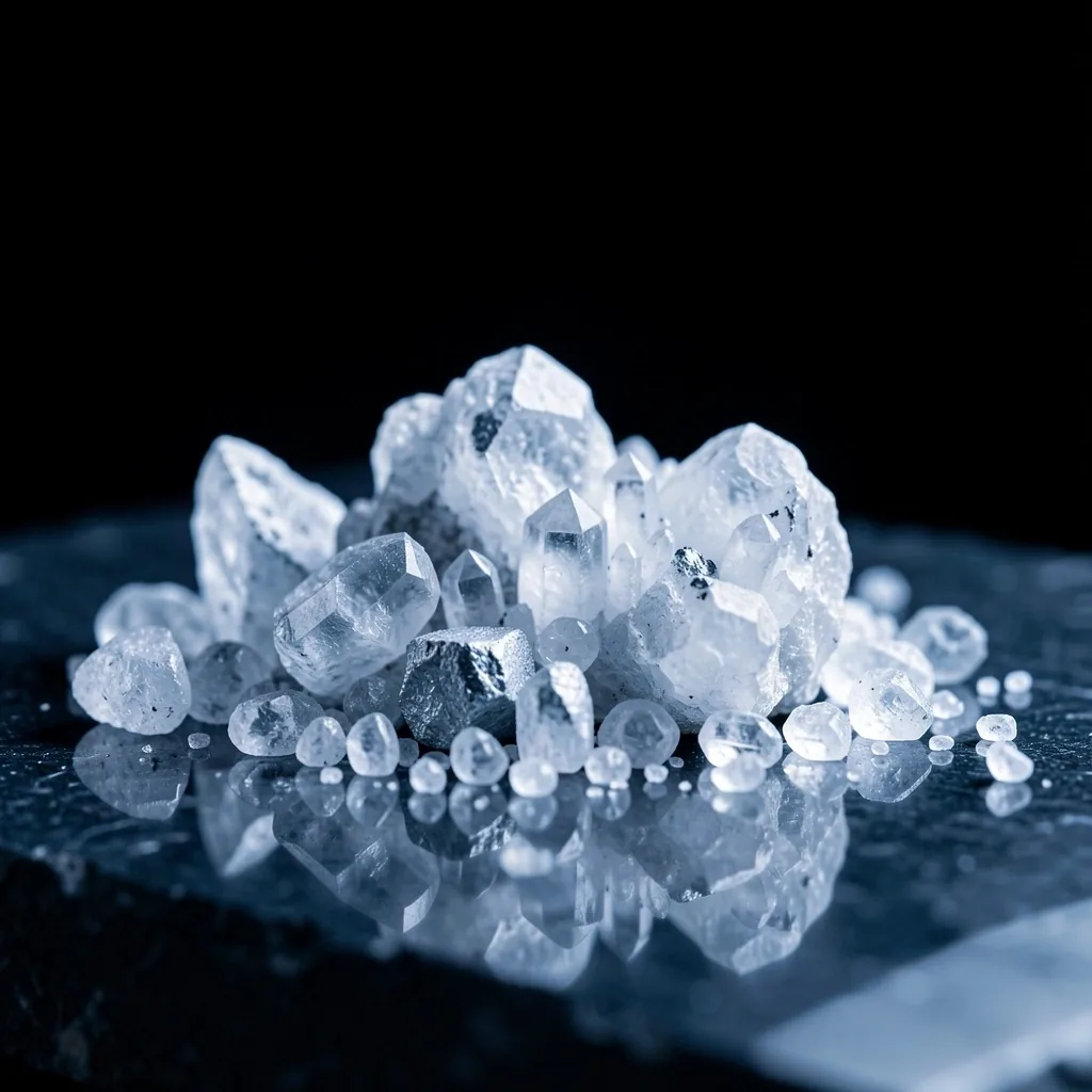 Crystalline mineral structures on a dark surface