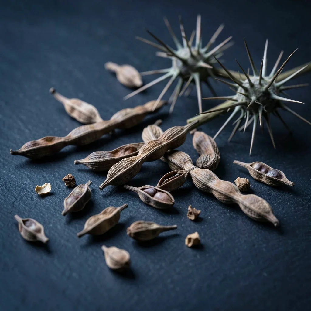 Dried tribulus plant material on dark surface