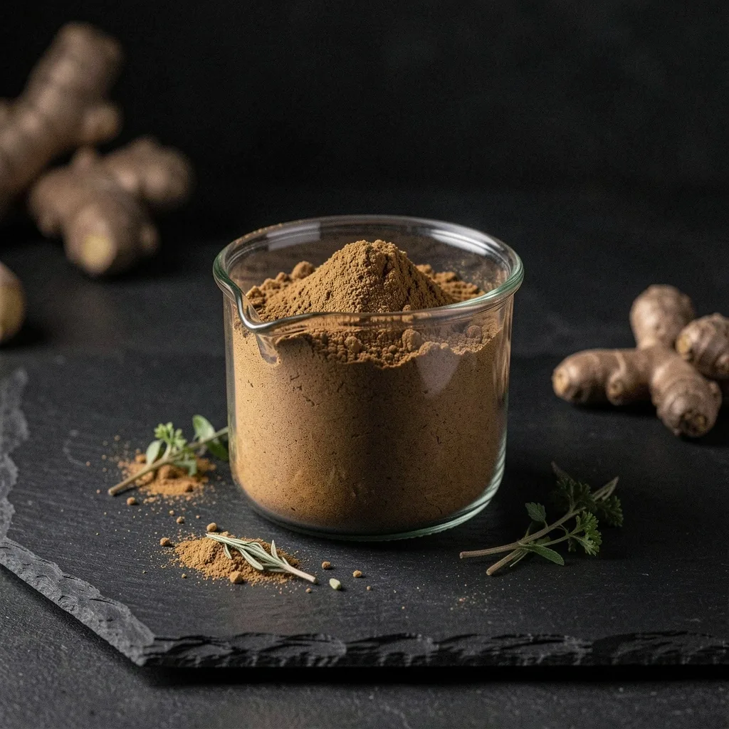 Maca root powder and herbal extract in laboratory glassware