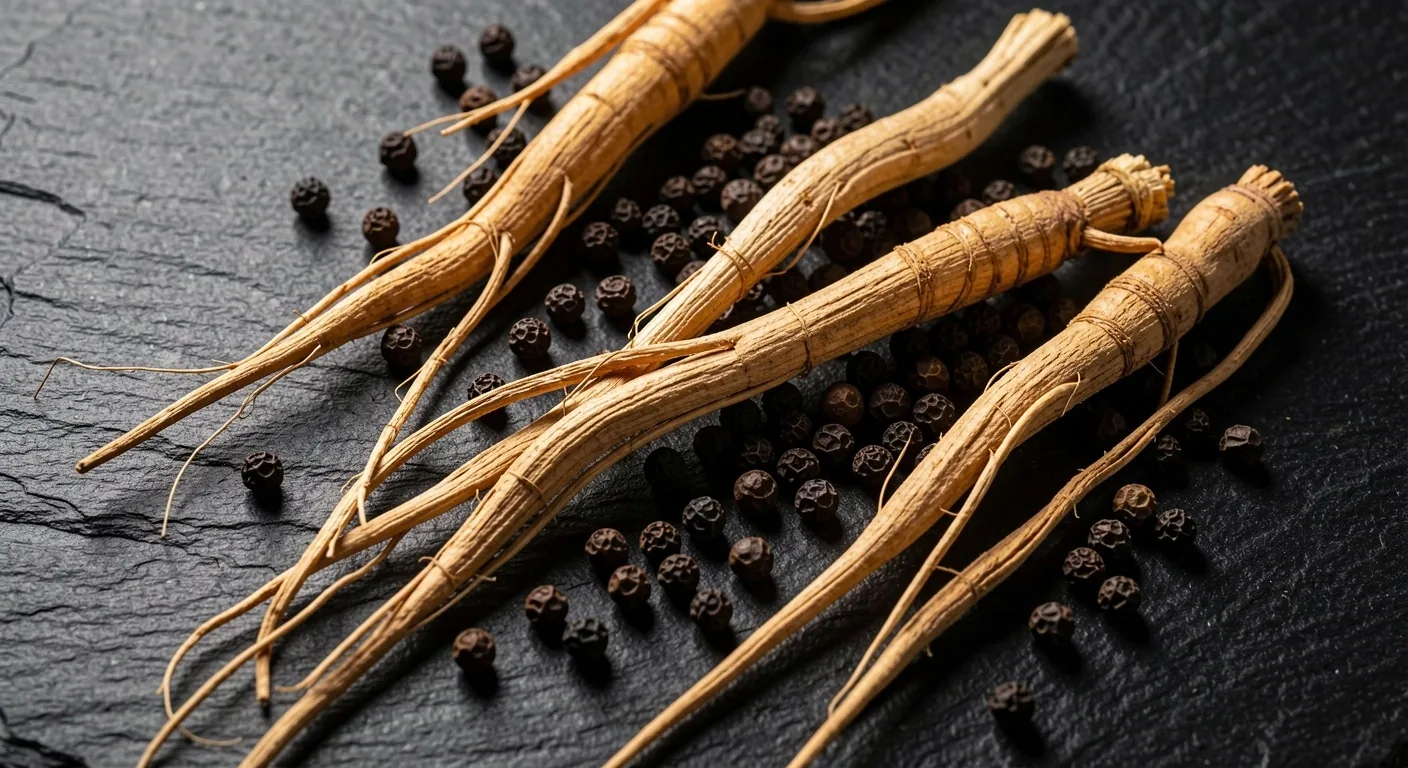Dark macro photograph of dried botanical roots on a slate surface