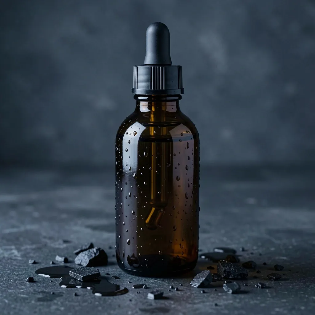 Dark amber glass bottle on wet stone surface