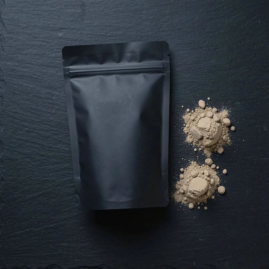 Dark supplement pouch with maca powder on slate