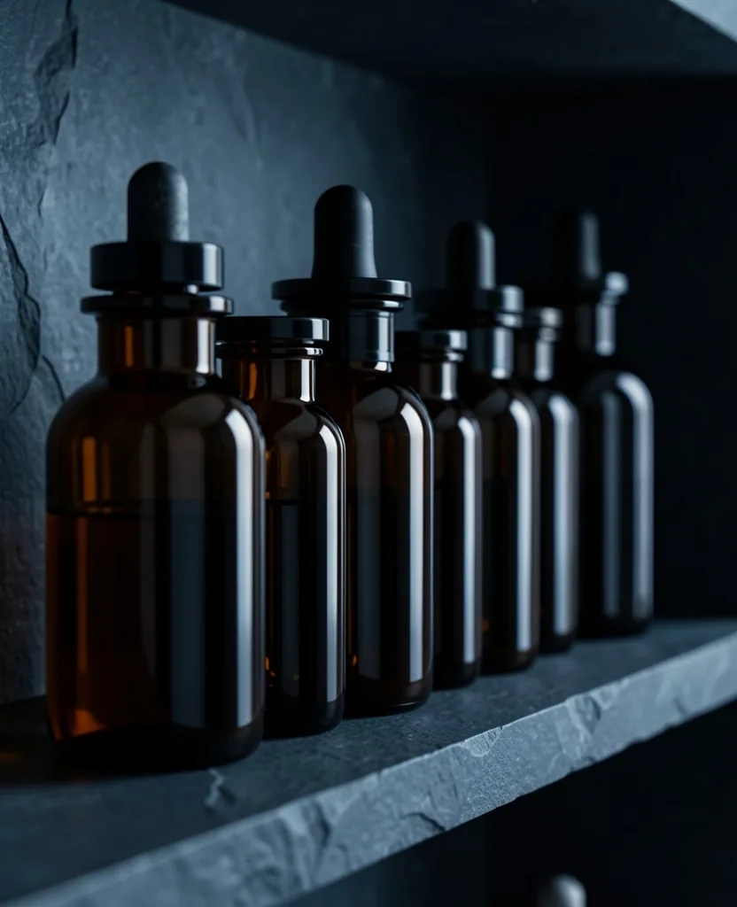 Dark glass apothecary bottles on a stone shelf