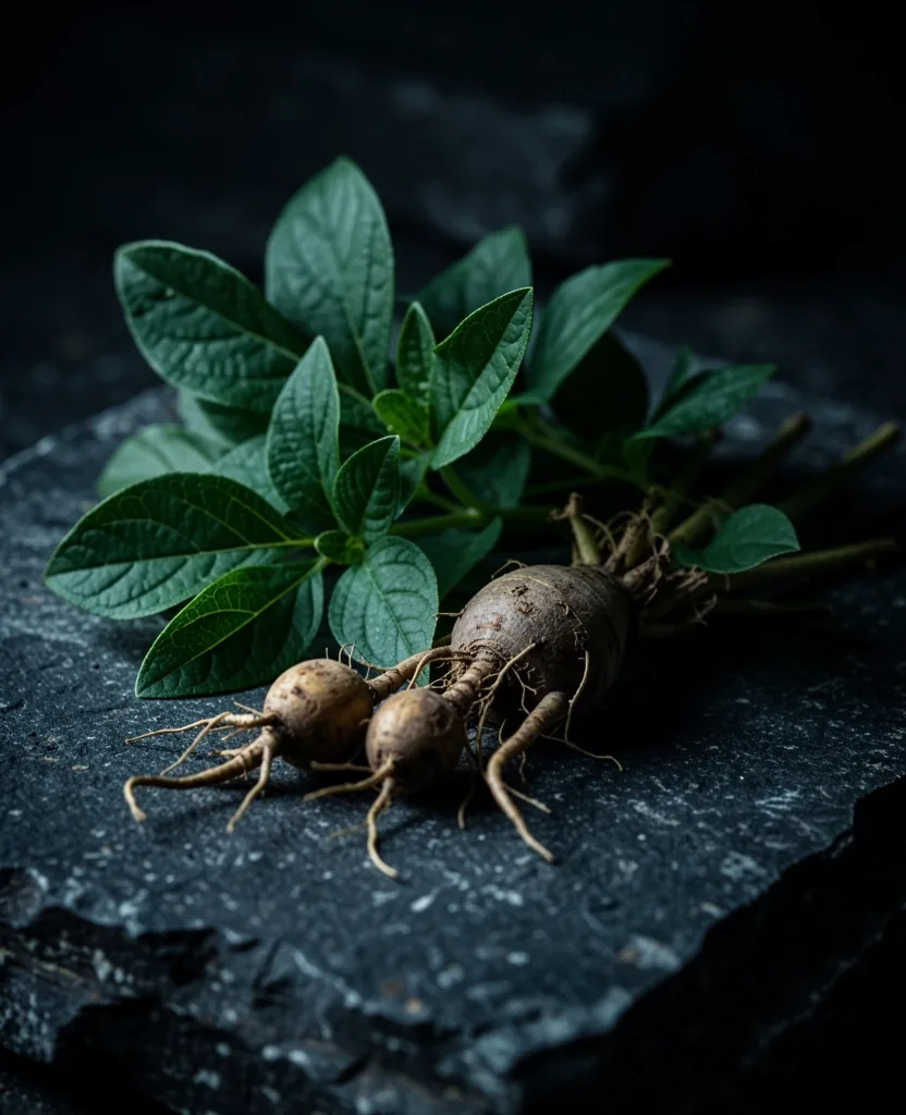 Fresh ashwagandha leaves and root on dark stone