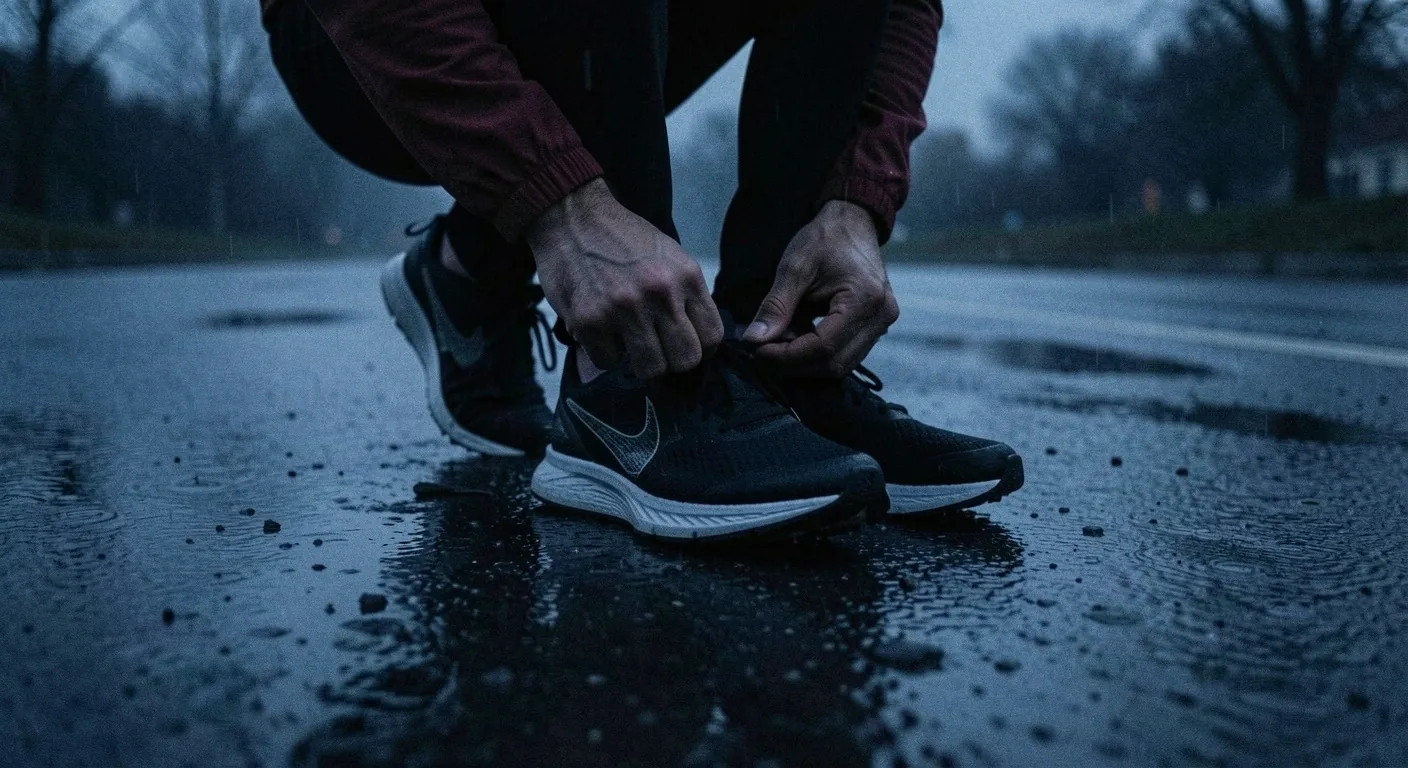 Hands tying running shoes on dark wet asphalt in cool morning light
