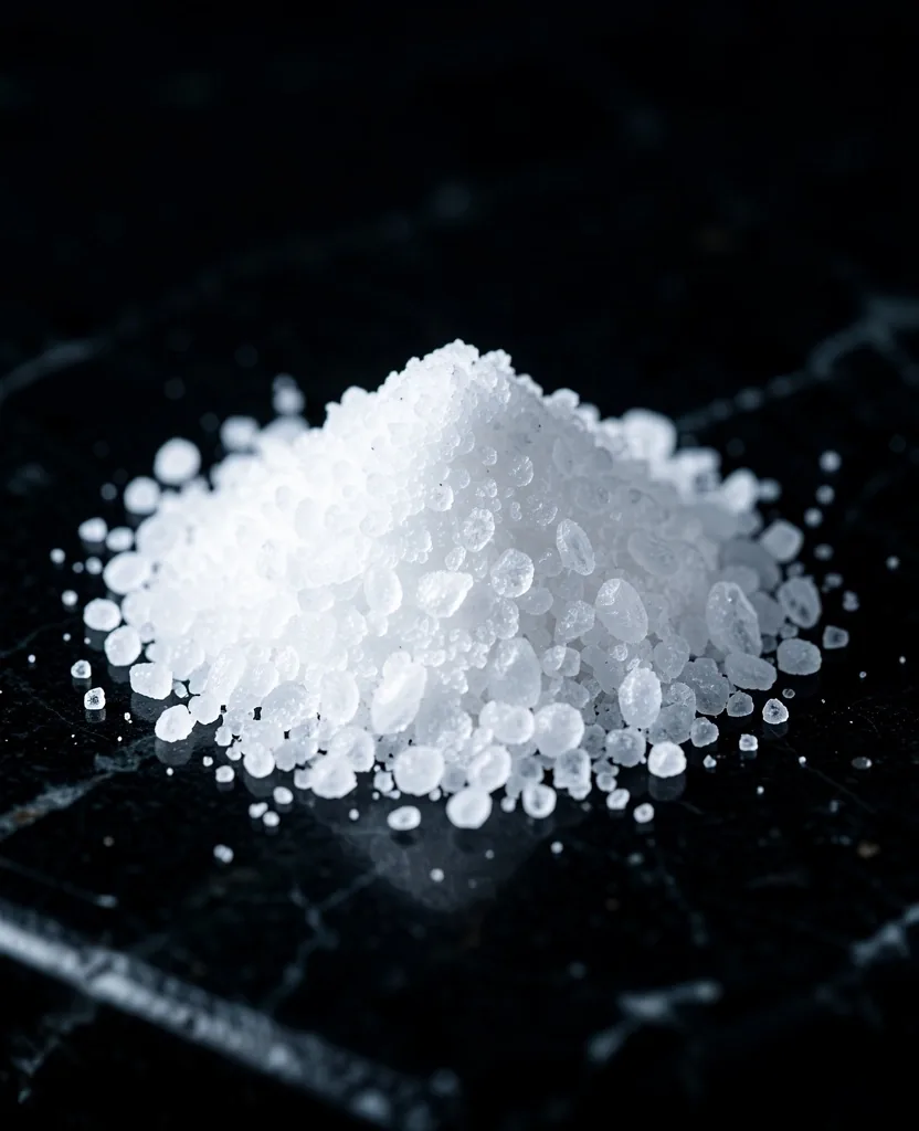 White crystalline mineral powder on a black stone surface