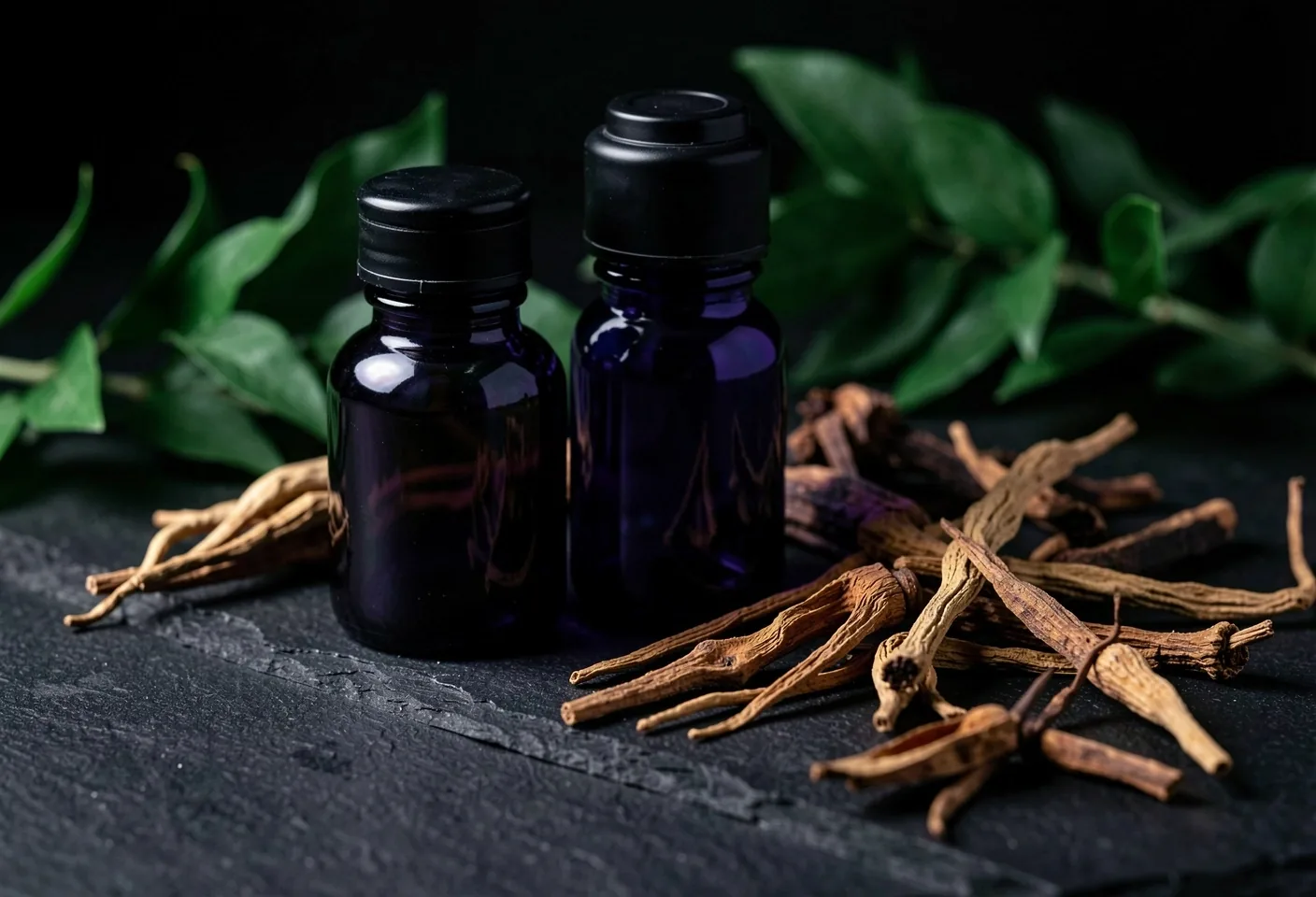 Dark apothecary bottles and botanical roots on a black stone surface