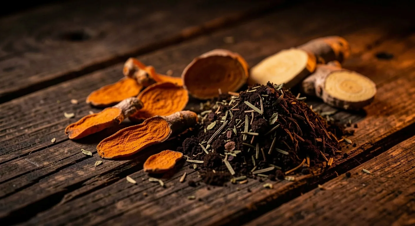 Dried herbal ingredients on dark wood