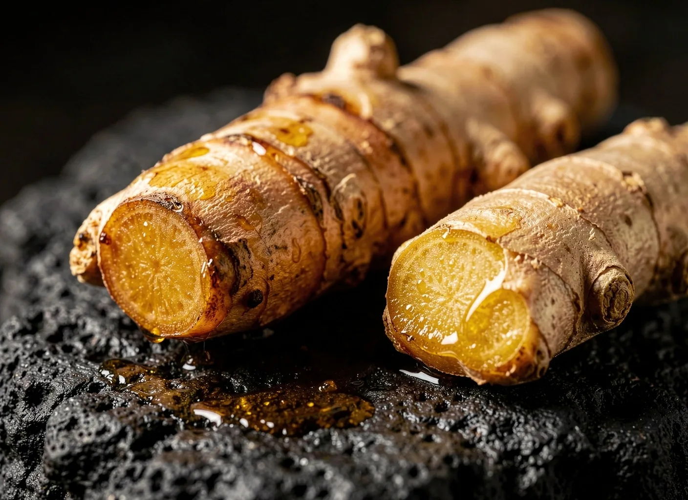 Fresh turmeric and ginger root on dark stone