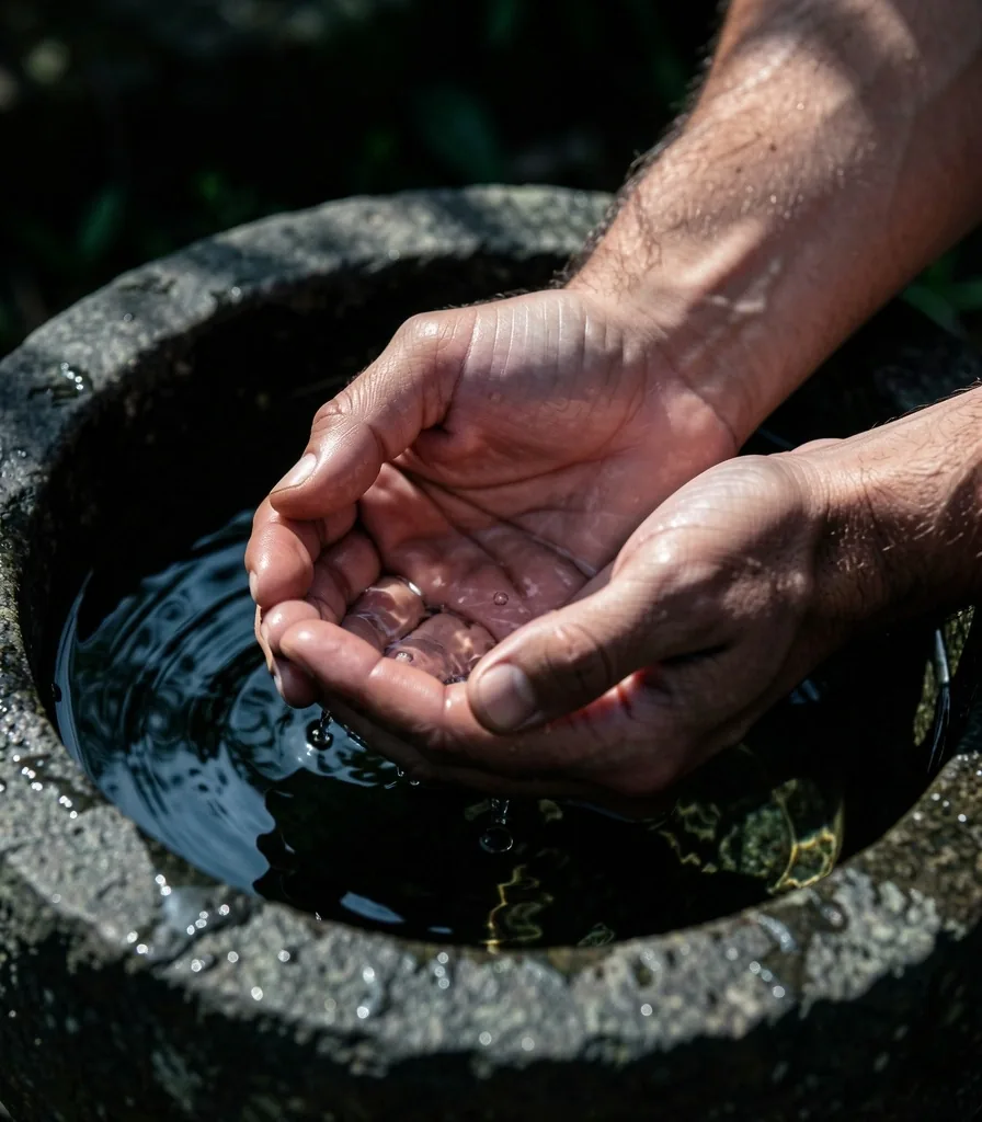 Hands cupping water in morning light