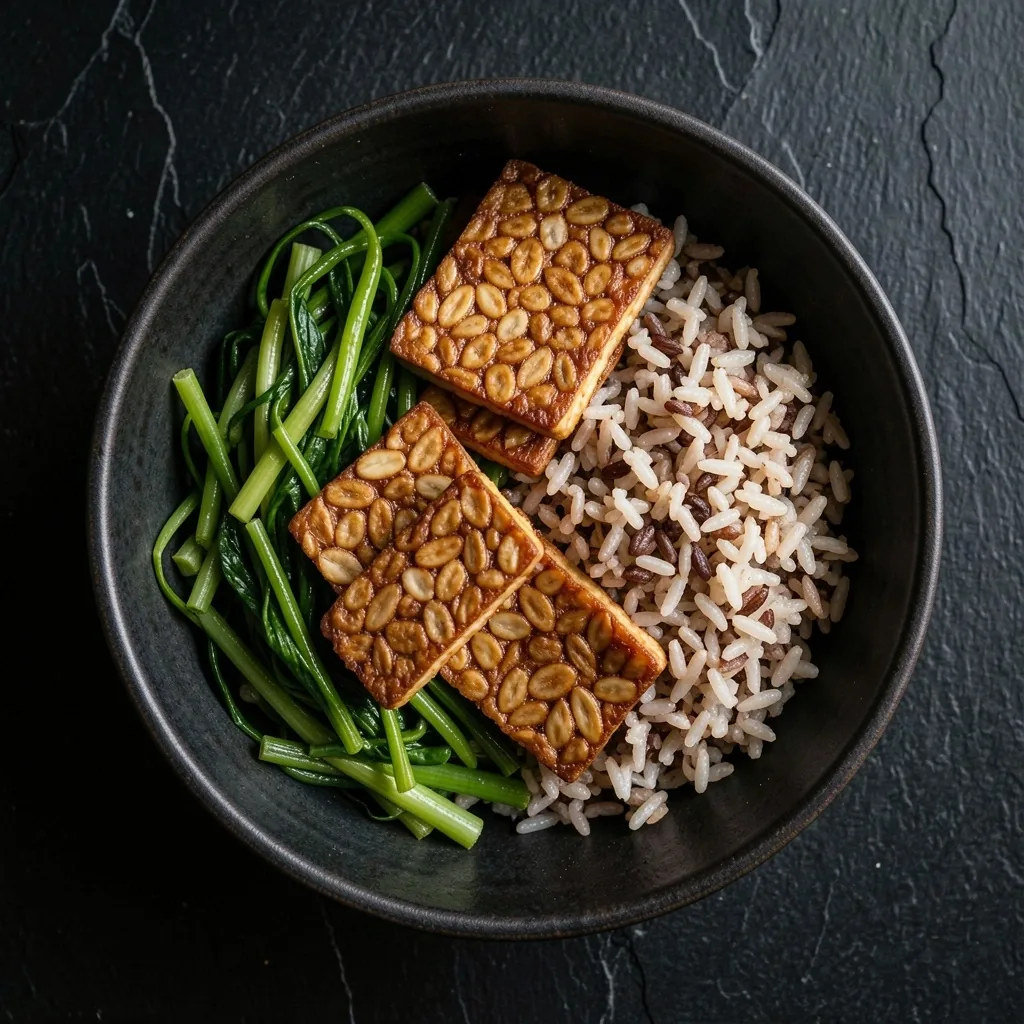 Indonesian whole food meal on dark plate