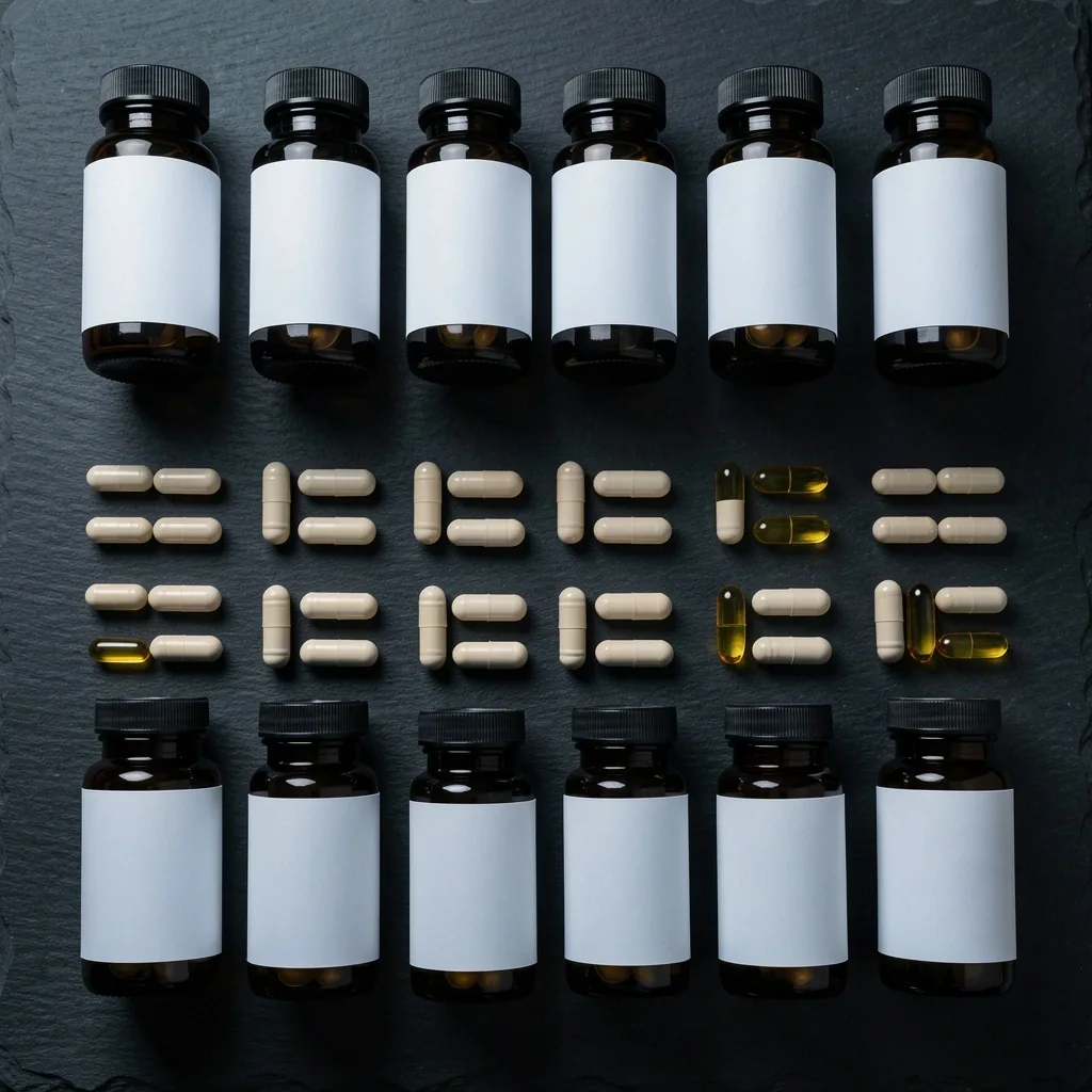 Natural supplement capsules arranged on dark surface